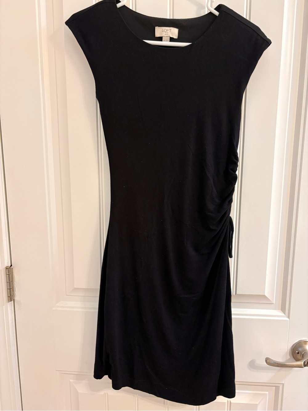 LOFT Black Cap-Sleeve Side-Ruched Midi Dress